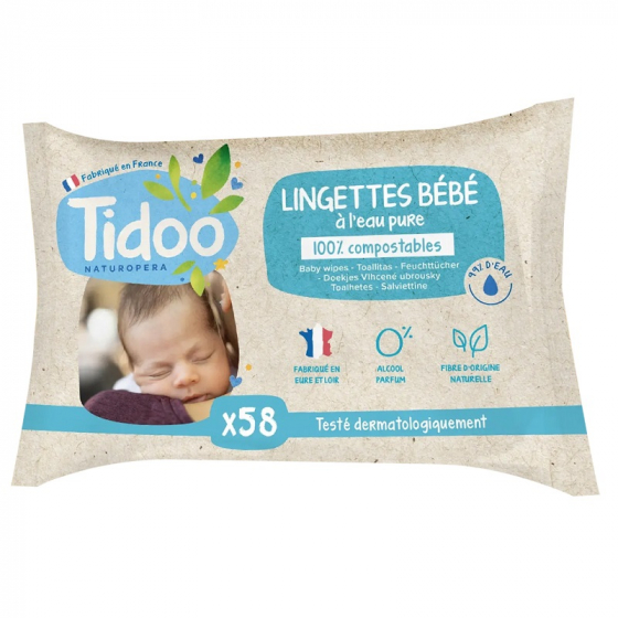 Lingettes compostables à l'eau pure - 58 pcs - Tidoo