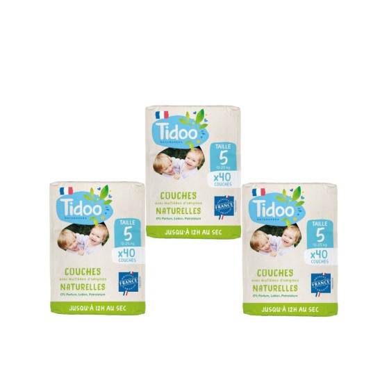 3 X Couches naturelles Taille 5 (12-25kg) - 120 pcs - Tidoo 3 X Couches naturelles Taille 5 (12-25kg) - 120 pcs - Tidoo