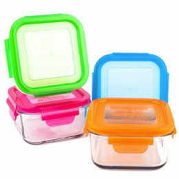 Set de boîtes à repas carrées en verre trempé avec couvercle - 4 x 480 ml