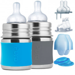 Kit 2 biberons évolutifs inox 150 ml – Gris / turquoise
