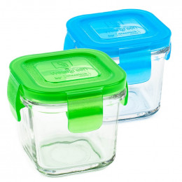 2 petits pots carrés en verre trempé avec couvercle - 120 ml - Vert et bleu 
