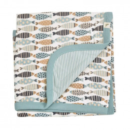 Couverture réversible coton BIO - Poissons Turquoise
