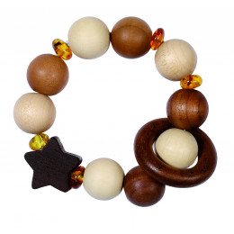 Hochet en bois "étoile" avec perles d'ambre et élastique - à partir de 3 mois