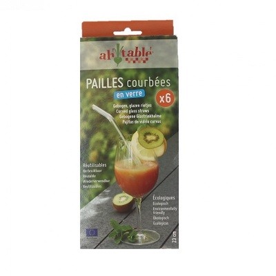 Paille courbée réutilisable en verre - 20 cm - Lot de 6