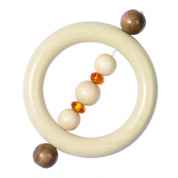 Houten rammelaar 11 cm met kralen van geel barnsteen