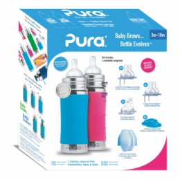Set van 2 evolutieve roestvrijstalen flessen - 325 ml - 3 tot 18 maanden - Roze en turqoise