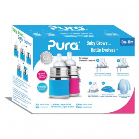 Set van 2 evolutieve roestvrijstalen flessen - 150 ml - 0 tot 18 maanden - Roze en turqoise Set van 2 evolutieve roestvrijstalen flessen - 150 ml - 0 tot 18 maanden - Roze en turqoise